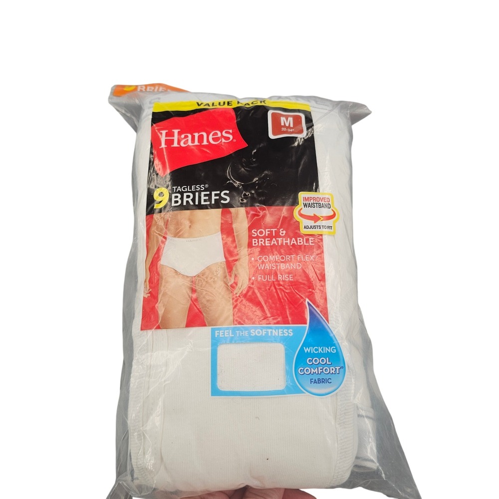 Hanes Mens 9 Pack Tagless Briefs White Comfort Flex Waistband Size M 32-34